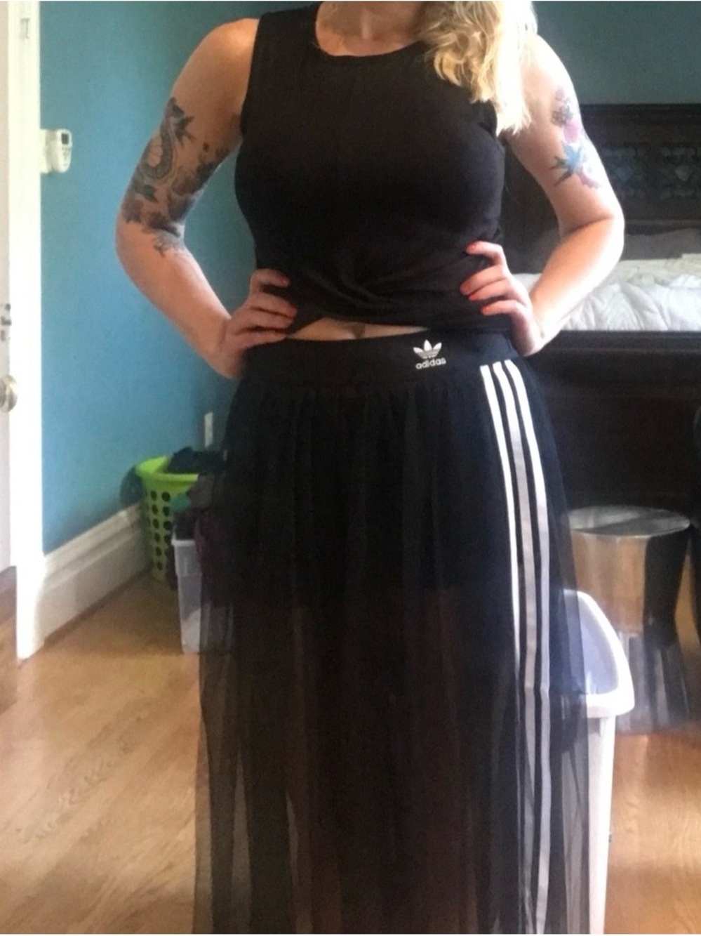 adidas Black Sheer Maxi Skirt with White Sport Stripes